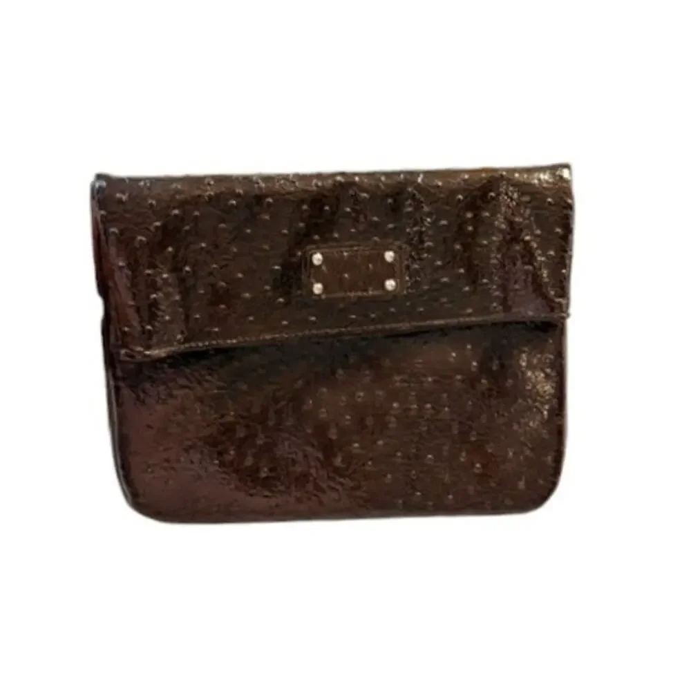 Nordstrom Brown Ostrich Embossed Faux Leather Foldover Clutch Bag Handbag EUC